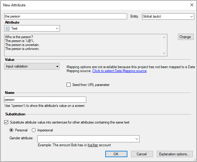 The New Attribute dialog in Policy Modeling showing the addition of 'the person' attribute