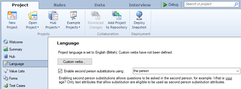 The Enable second person substitution checkbox in Oracle Policy Modeling