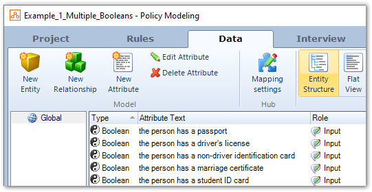 A Boolean attribute for each of 5 options in Policy Modeling