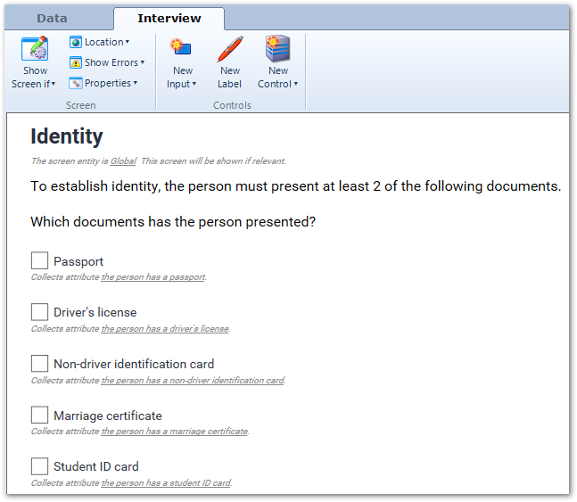 An interview screen using a label following by checkboxes for each of 5 Booleans