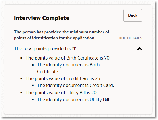 An interview screen showing that the minimum number of points of identification have been provided