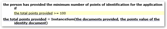 Rules that infer that the person has provided the minimum number of points of identification for the application if the total points value for all documents is at least 100