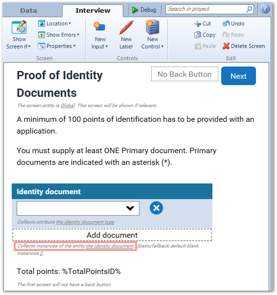 A screen collecting 'the identity document' entity instance in Policy Modeling