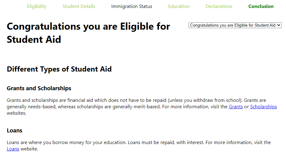 Final screen of Student Benefits sample interview, showing student is eligible for aid