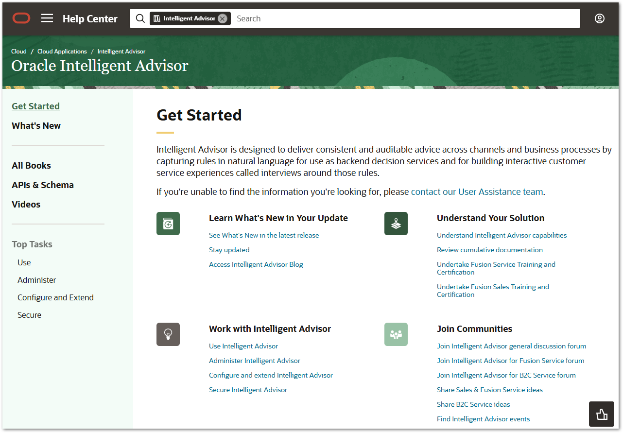 The Intelligent Advisor landing page in Oracle Help Center