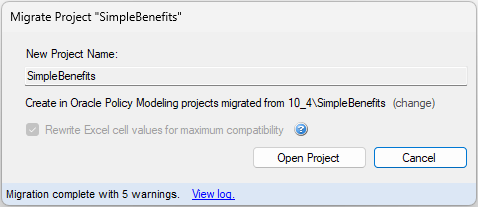 The Migrate Project dialog in Oracle Policy Modeling showing a completed migration