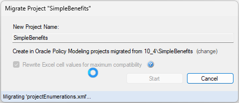 The Migrate Project dialog in Oracle Policy Modeling showing a migration in progress