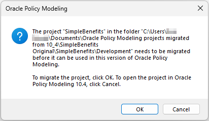 The migration confirmation dialog in Oracle Policy Modeling