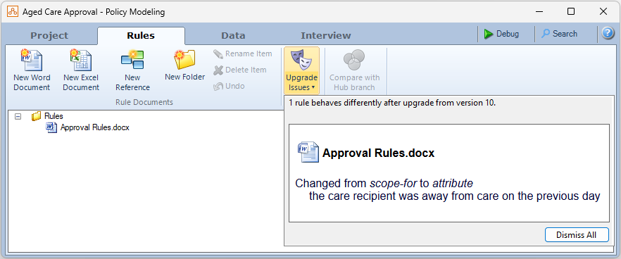 An example project in Oracle Policy Modeling v12 showing Upgrade Issues