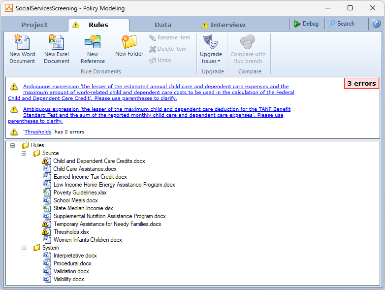 An example project in Oracle Policy Modeling v12 showing Errors