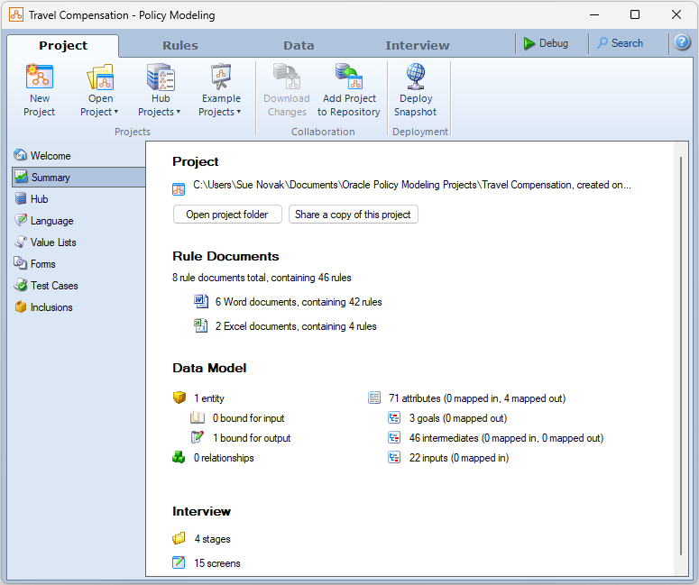 An example project opened in Oracle Policy Modeling v12