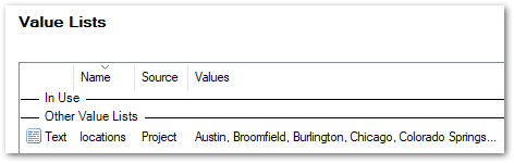 The Value Lists subtab in OPM showing the locations value list added