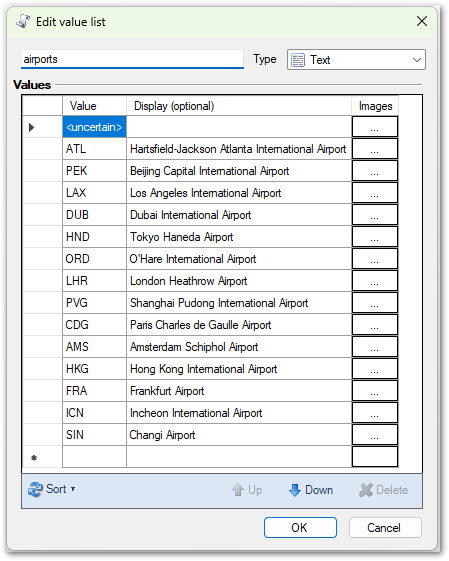 The Edit value list dialog in OPM showing the airports