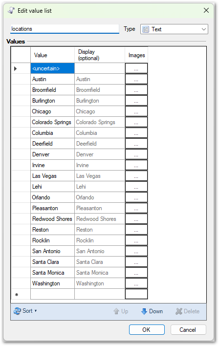 The Edit value list dialog in OPM showing the list of location values