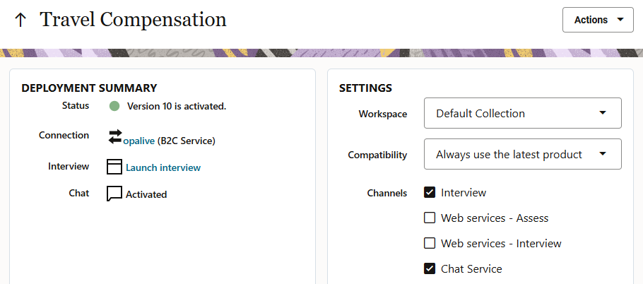 The Travel Compensation deployment in Intelligent Advisor Hub showing it enabled for Chat Service