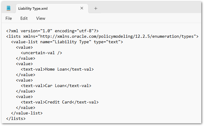 An xml file showing a value list of Liability Types