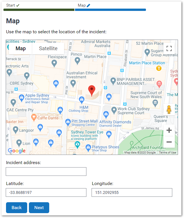 The Map screen in the example interview showing the latitude and longitude of the user's location