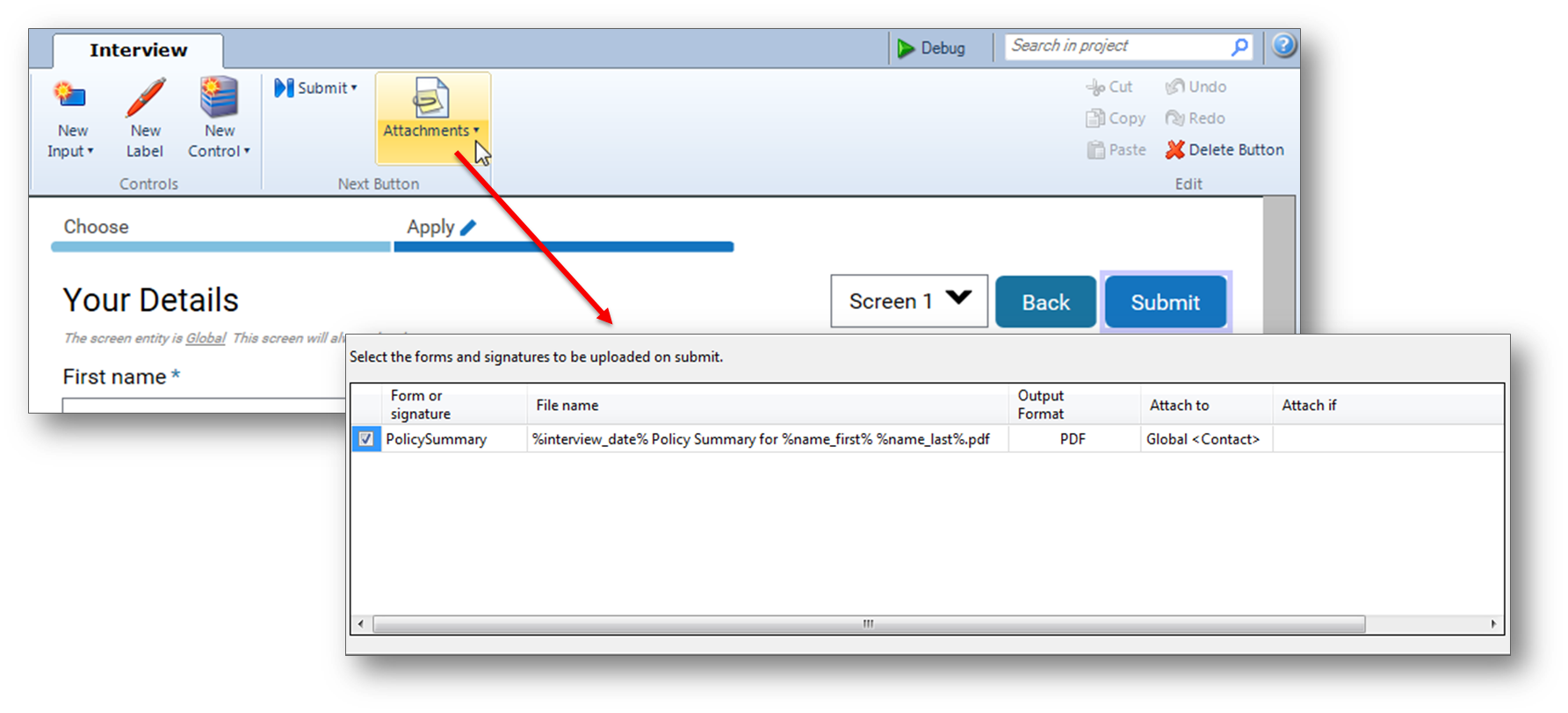 Attaching a document to a submit button