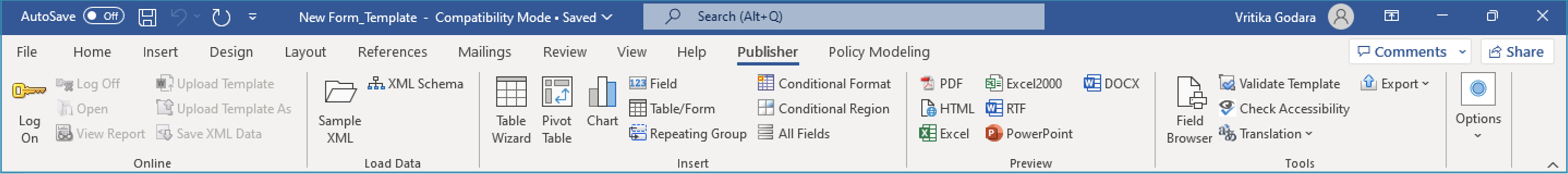 Publisher tab in Microsoft Word