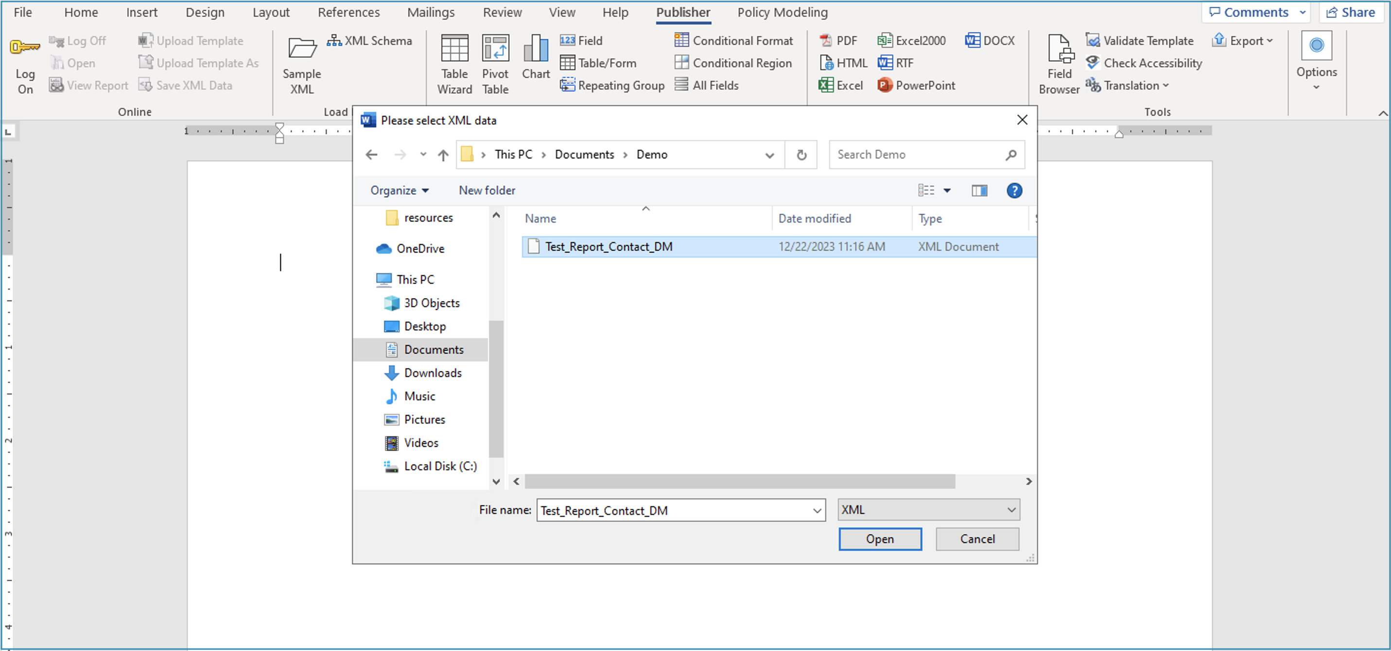 Loading sample XML file into Microsoft Word document