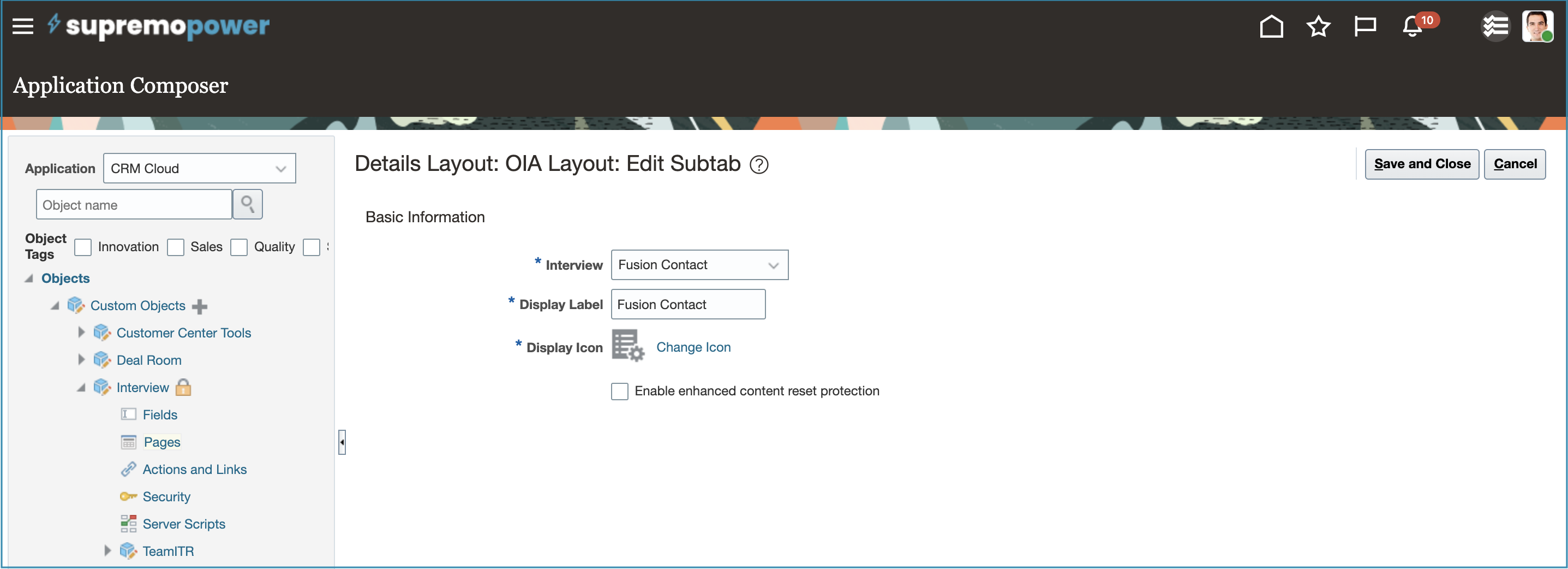 Adding interview named Fusion Contact as a subtab of the Interview custom object