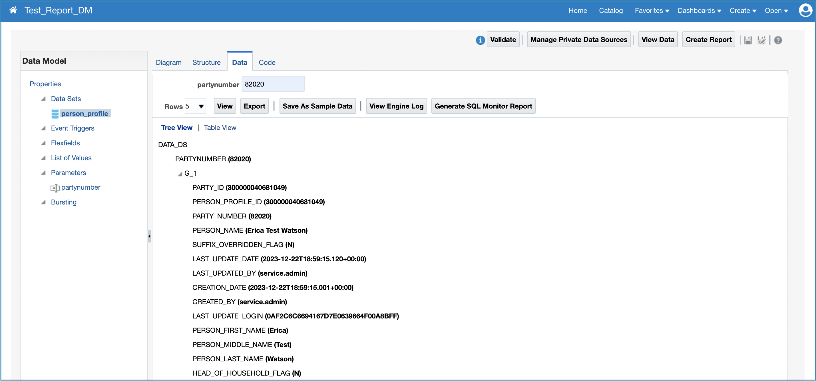 Testing data model by entering partynumber 82020