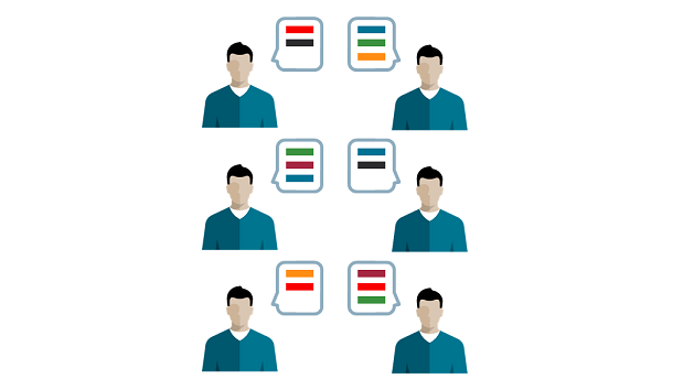 People with speech bubbles containing different colors