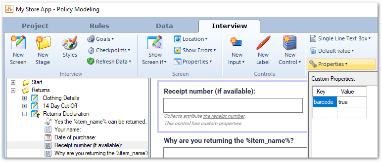 Custom property settings for a barcode input in Oracle Policy Modeling