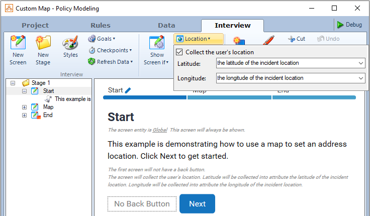 The Interview tab in Policy Modeling showing the Collect the user's location option selected