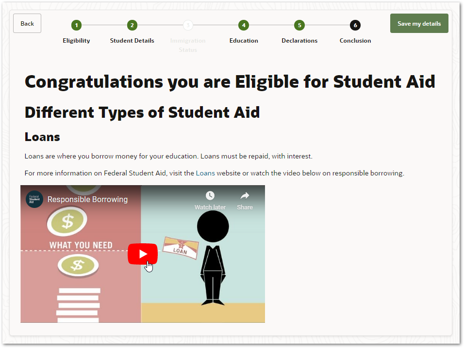 A video displayed in the Student Benefits interview in a browser