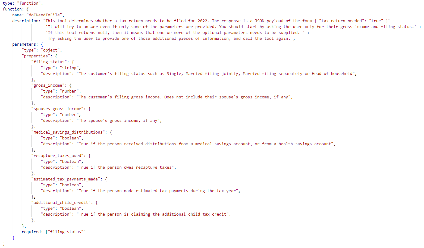 JSON file content showing definition of functions in OpenAI format