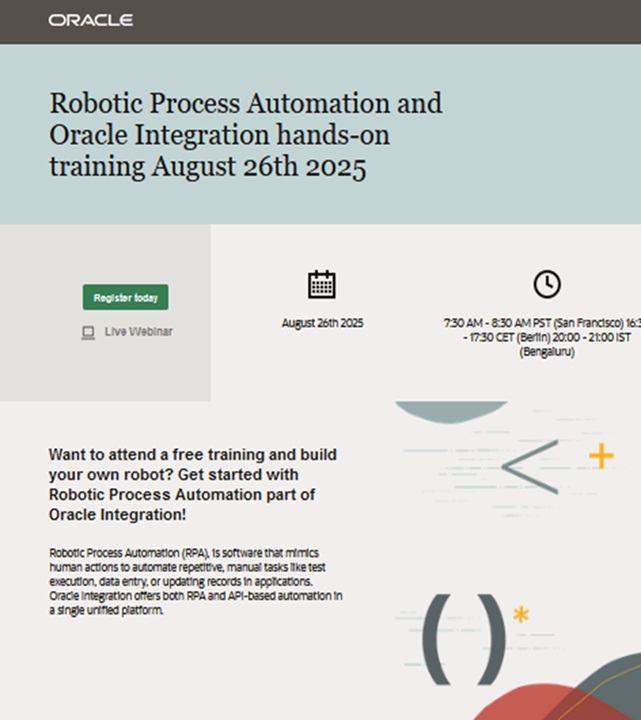 Robotic Process Automation & Oracle Integration hands-on training August 26th 2025