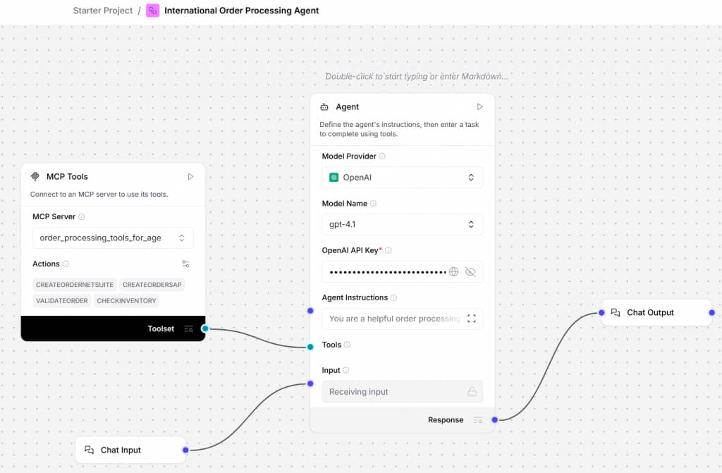 The canvas shows the MCP Tools section connected to the Agent Tools section. The Agent Response section connects to the Chat Output section. The Agent Input section connects to the Chat input section. 