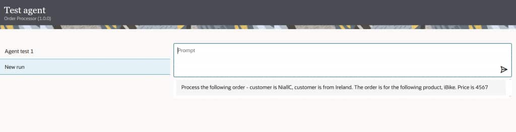 The Test agent page is shown. The Prompt field is shown.
