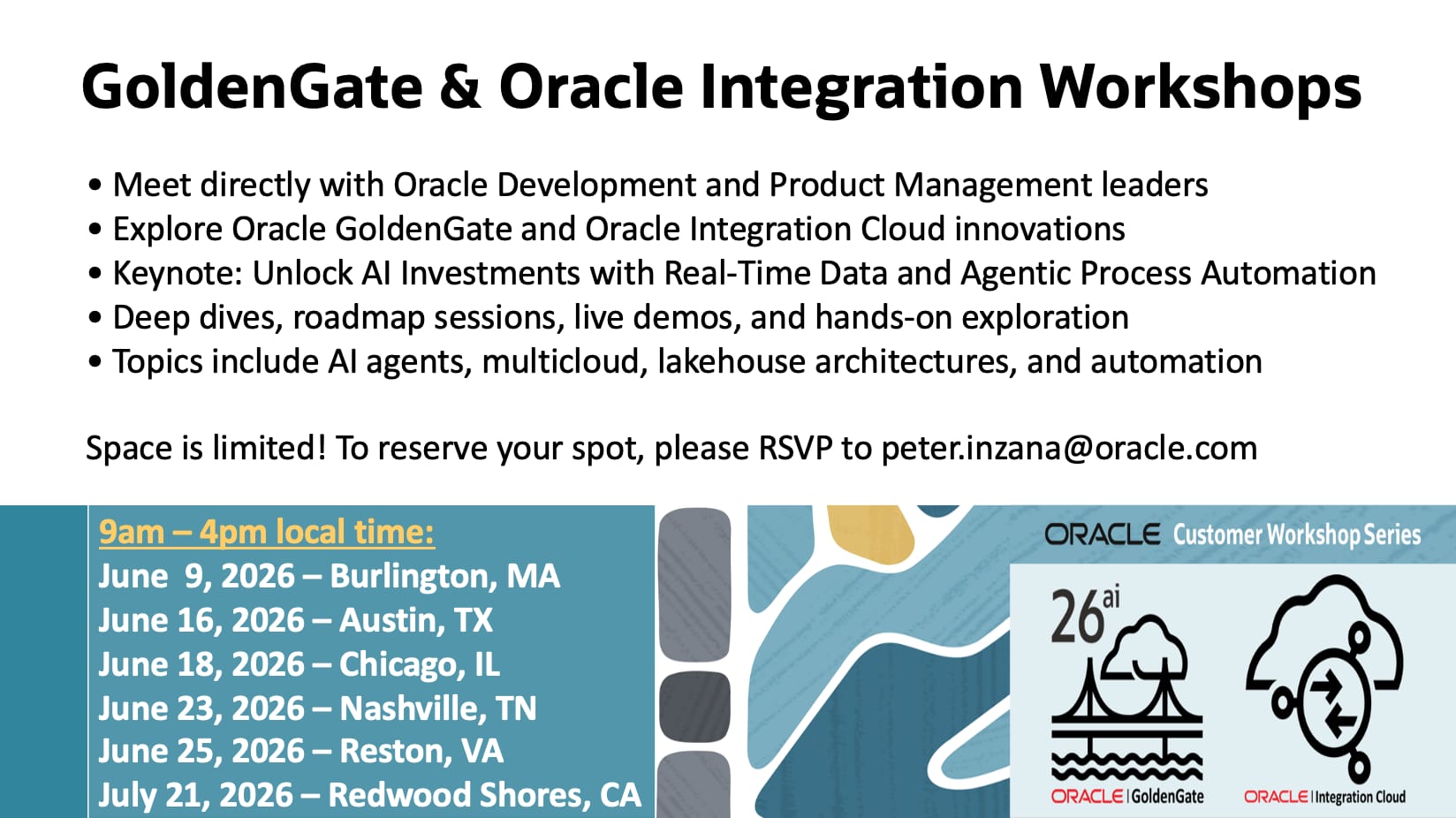 GoldenGate & Oracle Integration Workshops – June & July across USA