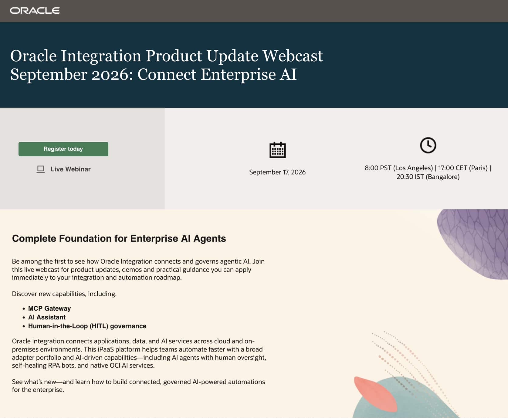 Oracle Integration Product Update Webcast September 17th 2026: Foundation for Enterprise AI Agents