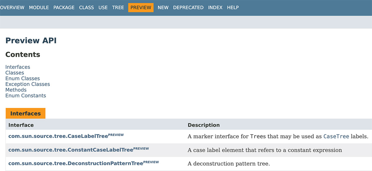screenshot of Java 19 documentation preview list