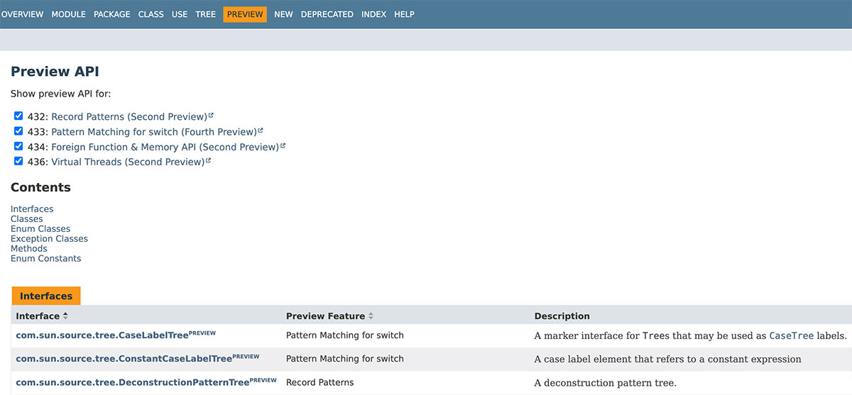 screenshot of Java 20 documentation preview list