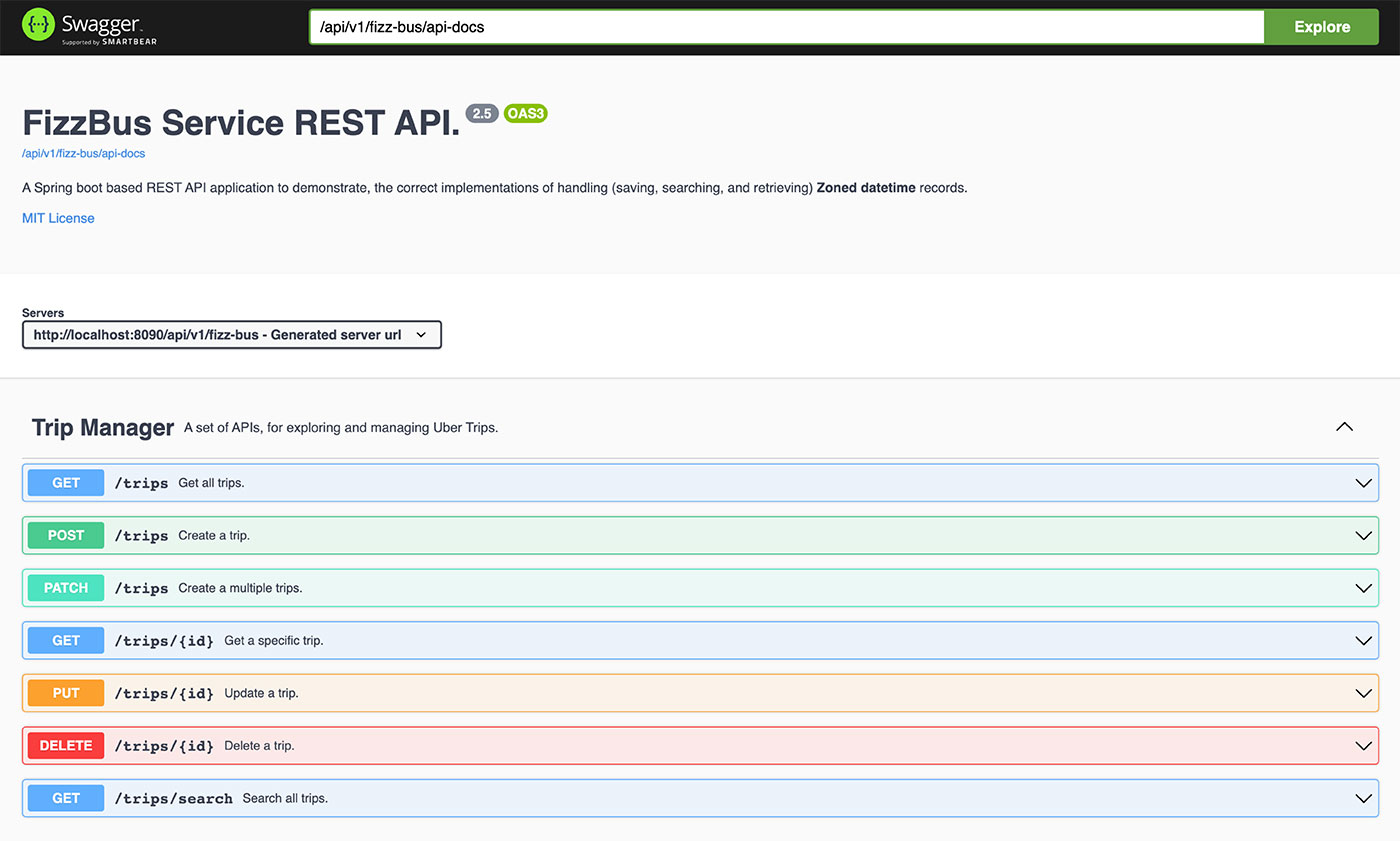 A screenshot of FizzBus Service Swagger API