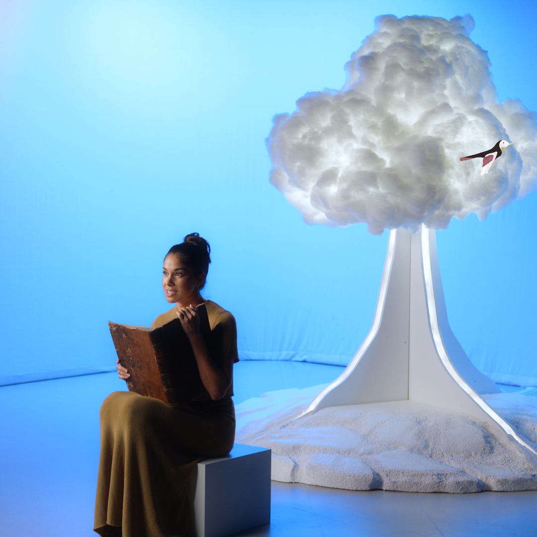 Stage photo of interactive quest host reading from book