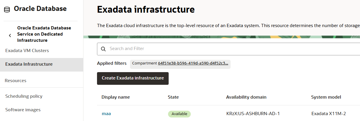 Create Exadata Infrastructure completed