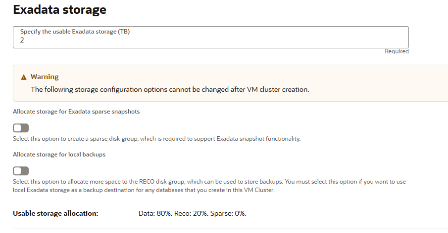 Create VM Cluster Exa storage