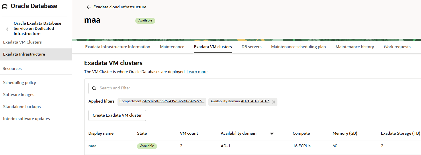 Create VM Cluster available