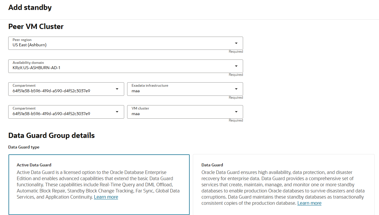 Enable Data Guard details Exa and VM Cluster