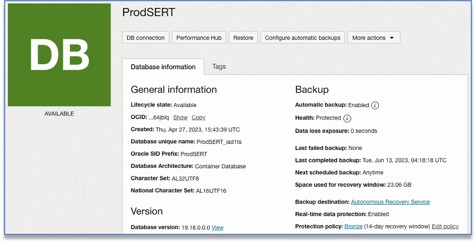 Backup details on the database home screen