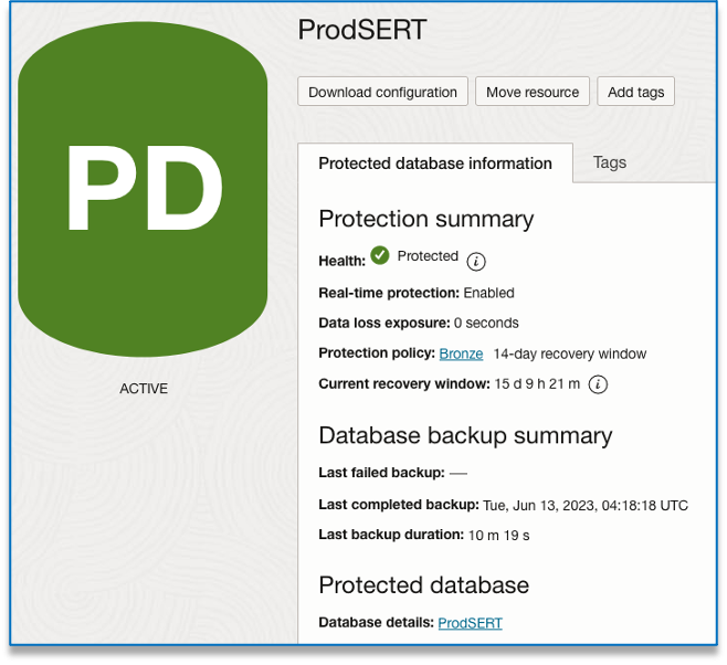 Protected database details in Recovery Service