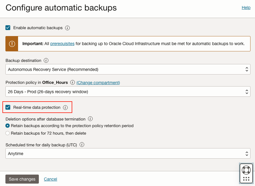 Dialog screen for automatic backups highlighting the Real-time protection option