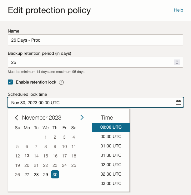 Dialog screen for protection policy showing the Enable retention lock option