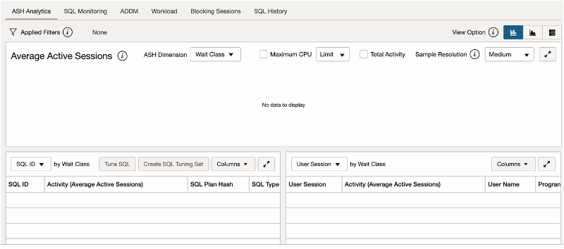 The performance hub page of the primary database shows no active sessions.
