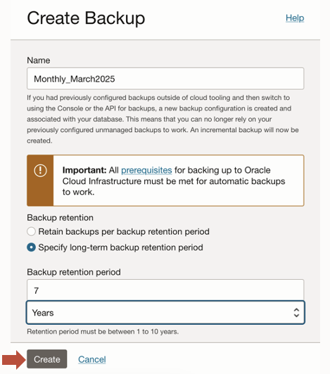 Backup creation dialog with name “Monthly_March2025”, long-term backup option selected, and backup retention period of 7 years